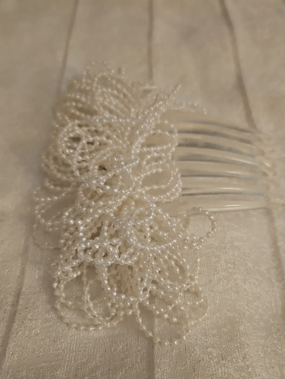 Vintage Large White Pearl Beaded Bridal Acrylic Hair Comb